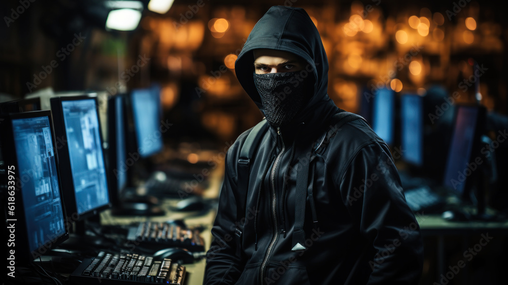 Fototapeta premium Portrait of a computer hacker in a black mask on a dark background. Generative AI.