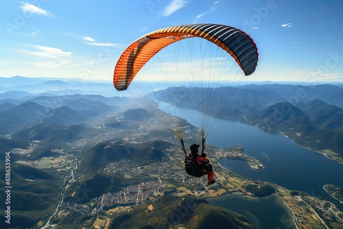 Paraglider flying in the blue sky over the mountains