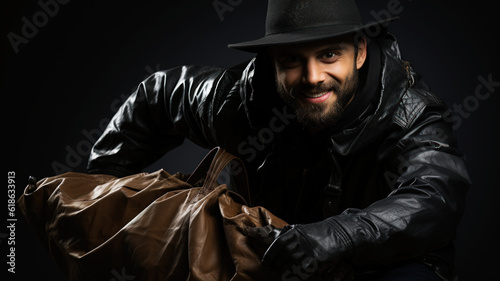 Handsome adventurer thief man in leather jacket and hat with brown bag. Generative AI.