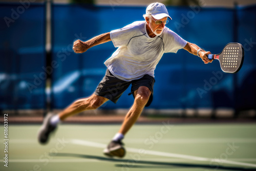 Pickleball player in action, motion blur capturing the intensity of the game