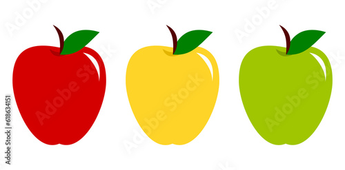 Set of red, yellow and green apples. Collection of colorful fruits icon. 