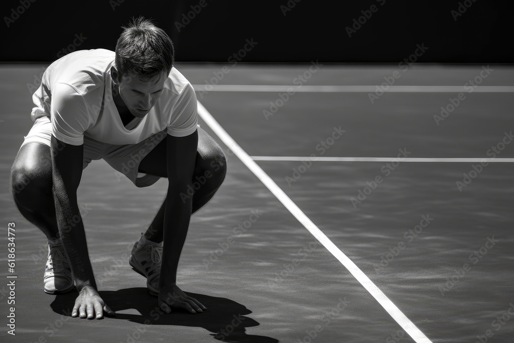 A professional tennis player stretching before a game, demonstrating discipline and dedication