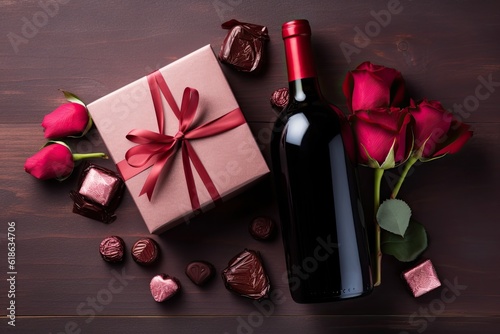 romantic gift set with wine, chocolates, and a rose