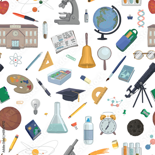 School attributes seamless pattern. Ornament of textbooks, laboratory equipment, stationery items. Cartoon style vector illustrations. Back to school design.