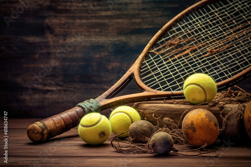 Vintage tennis racket and old-style balls on a rustic wooden table, harking back to the origins of the game © aicandy