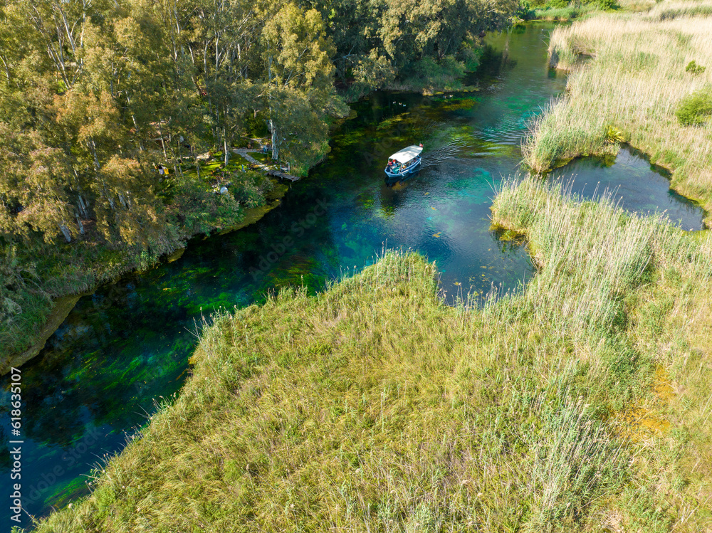Turkey Akyaka Azmak River, Travel concept photo, landscape view from above with drone