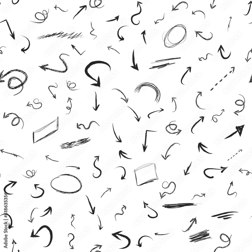 Seamless hand-drawn arrow marks. Simple sketch abstract doodle pointerс. Hand-drawn rough circles, lines and doodles. Simple sketch abstract frame shapes.