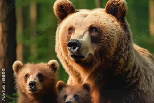 Illustration of three brown bears of different sizes standing together in a forest