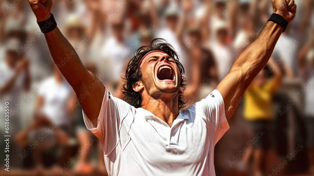 An emotional tennis player in the moment of victory, with arms raised in celebration