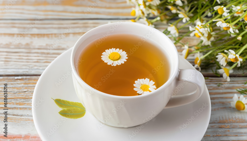 Cup of hot chamomile tea on light wooden background Cup of hot chamomile tea on light wooden background