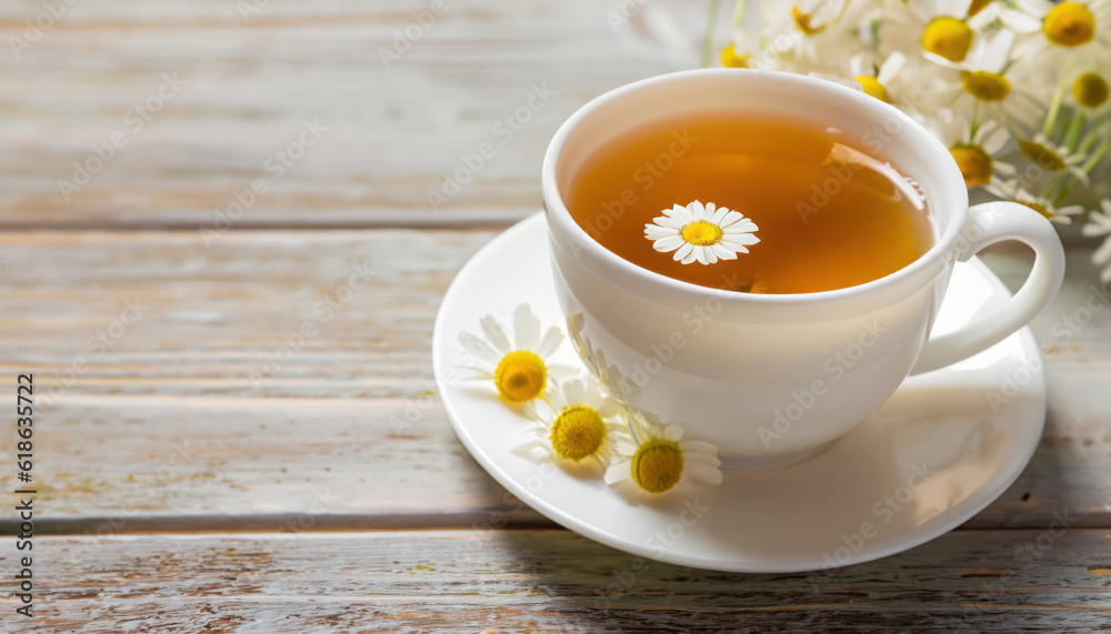 Cup of hot chamomile tea on light wooden background Cup of hot chamomile tea on light wooden background