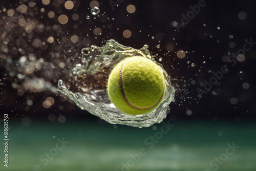 High-speed image of a tennis ball in flight, frozen against the backdrop of the court © aicandy