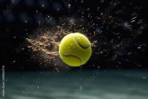 High-speed image of a tennis ball in flight, frozen against the backdrop of the court