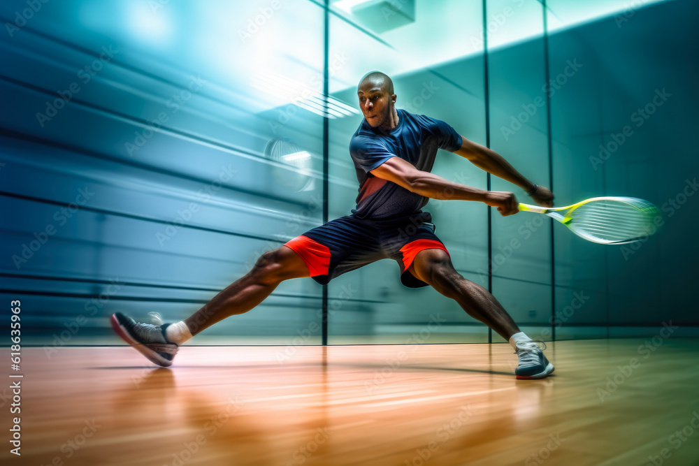 A racquetball striking the floor, captured at the moment of impact, demonstrating the game's energy and dynamics