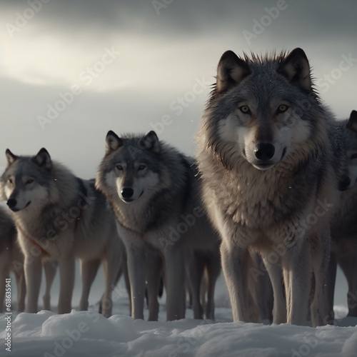 Gray wolves  canis lupus  standing in the snow looking into the camera. Generative ai.