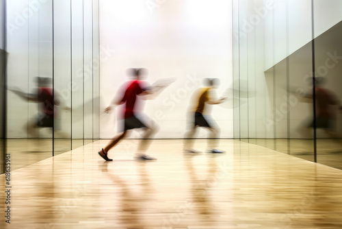 An abstract, blurred image of a fast-paced racquetball match, conveying the sense of speed and dynamics