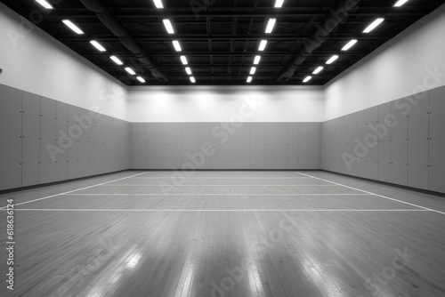 A moody black and white image of an empty racquetball court, evoking a sense of calm before the storm