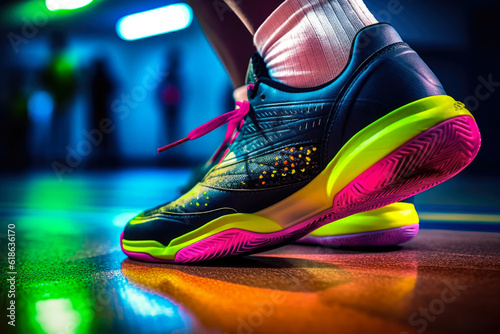 The colorful soles of a racquetball player's shoes in mid-run, adding a vibrant element to the intense game photo