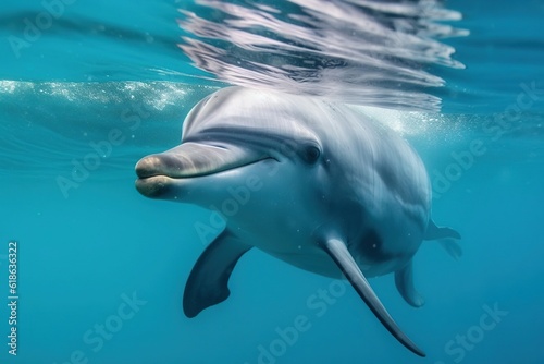 Close view of a dolphin swimming underwater.Created with Generative AI technology.