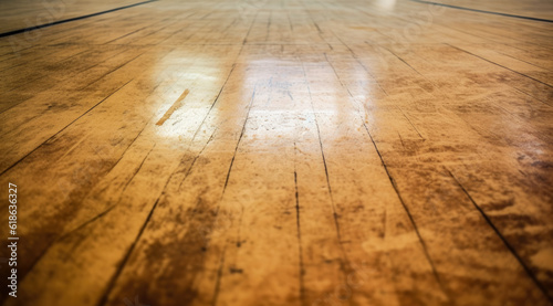 A close-up of a racquetball court's floor, worn and marked by countless games, hinting at the history of the sport
