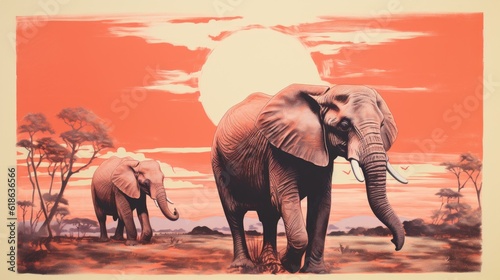 African elephants in retro style. Vintage and nostalgia. Generative AI