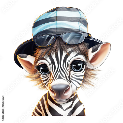 Portrait of baby zebra cub in a hat and with glasses on a white background. Hipster illustration  animal print