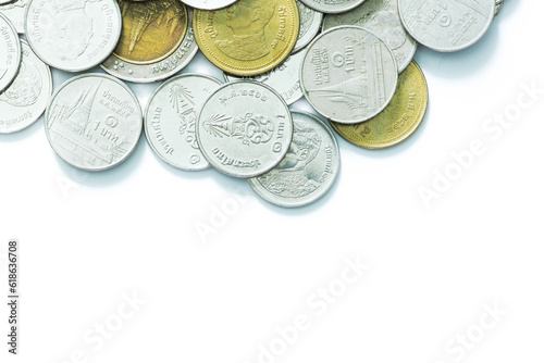 Thai baht coin isolated white background,Coins stacks on white background. Money coin for financial, business. Top view 