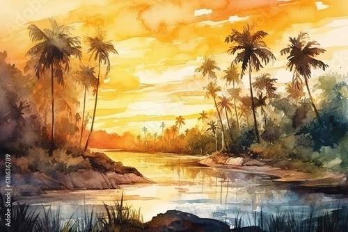 Watercolor Painting Tropical At Sunset Backdrop Generative AI