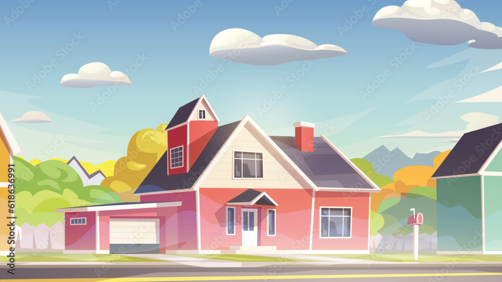 cartoon red house at morning in suburb