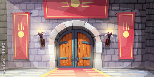 a medival castle hall with light beam