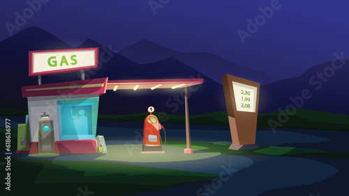 cartoon gas station at night with lights