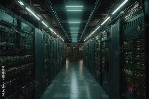 server room with rows of computer servers and network equipment in a data center