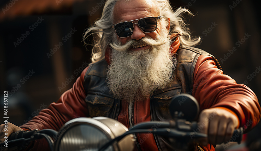 A man with a long beard and sunglasses on a motorcycle. Generative AI.