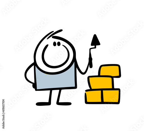 Small builder holds a spatula in his hand and builds a wall of bricks. Vector illustration of a toy constructor and a child.