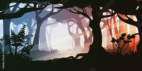 multicolor sunset in dense forest layer design