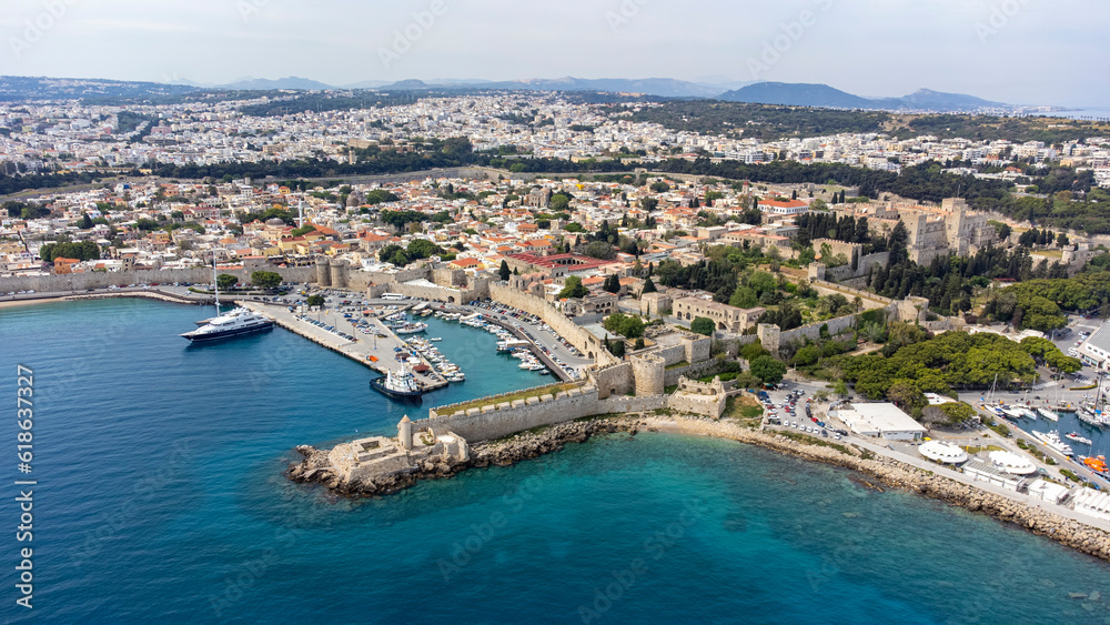Mandraki port of Rhodes city harbor aerial panoramic view in Rhodes island in Greece