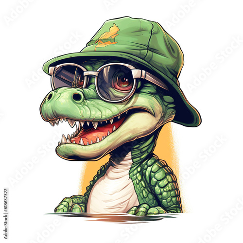Portrait of Crocodile cub in a hat and with glasses on a white background. Hipster illustration, animal print