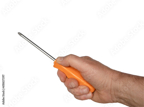 a screwdriver in a male hand photo