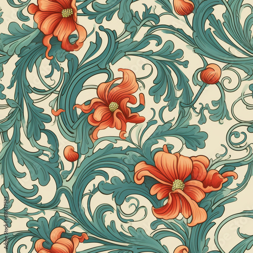 A Continuous Repeating Tile Pattern with Art Nouveau Floral Pattern on a Light Background | Generative AI