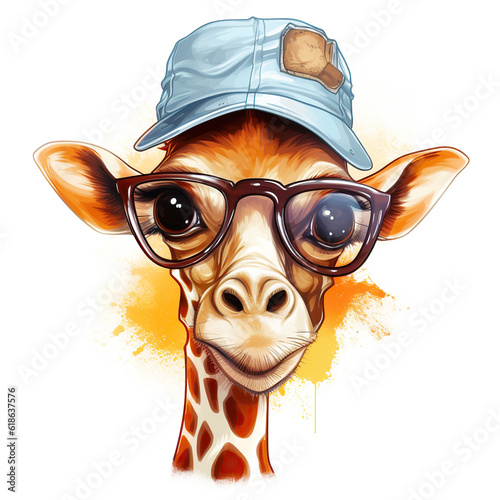 Portrait of Giraffe cub in a hat and with glasses on a white background. Hipster illustration  animal print