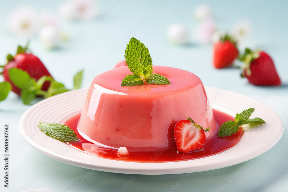 Panacotta with strawberry jam topping, fresh strawberries, mint leaves in a white plate against a kitchen backdrop of light colors. Jelly milk dessert. Generative AI photo.