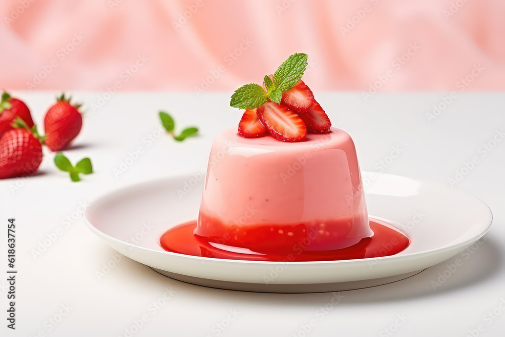 Panacotta with strawberry jam topping, fresh strawberries, mint leaves in a white plate against a kitchen backdrop of light colors. Jelly milk dessert. Generative AI photo.