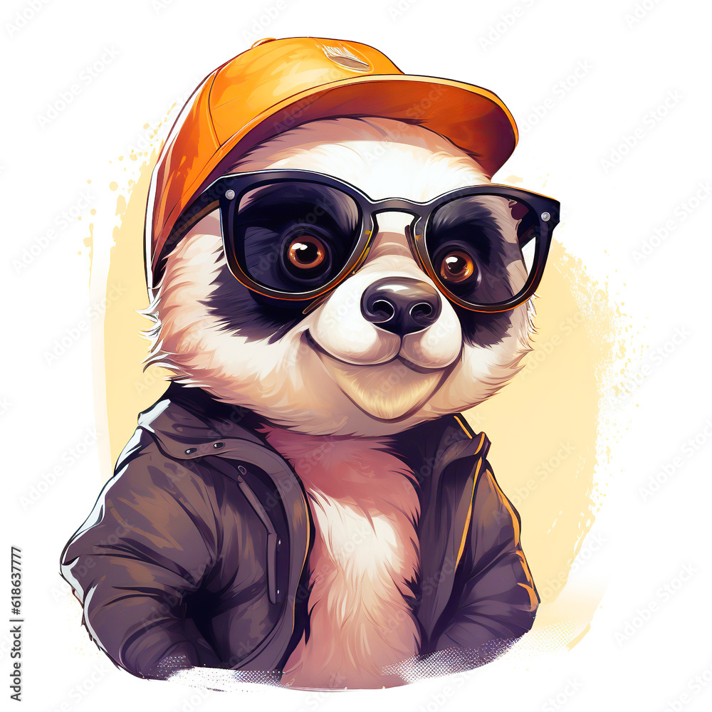 Fototapeta premium Portrait of baby Panda cub in a hat and with glasses on a white background. Hipster illustration, animal print