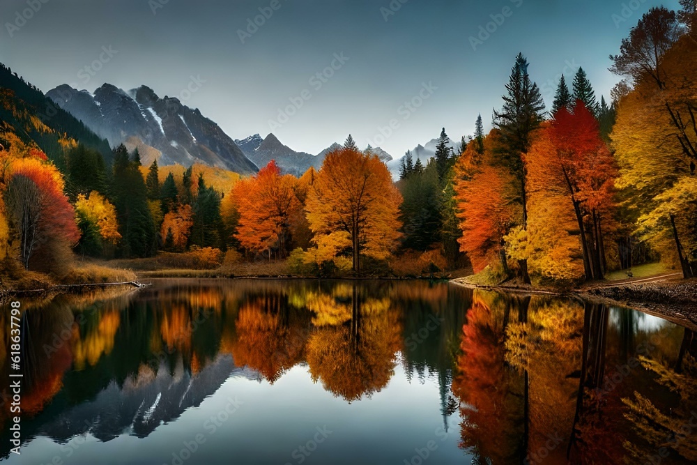 Autumn landscape with lake - AI Generative