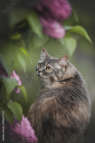 Close-up portrait of a grey striped cat among blooming lilac flowers