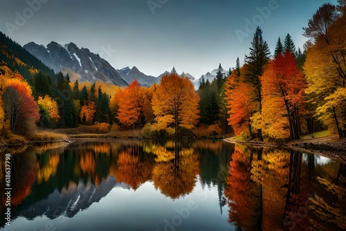 Autumn landscape with lake - AI Generative