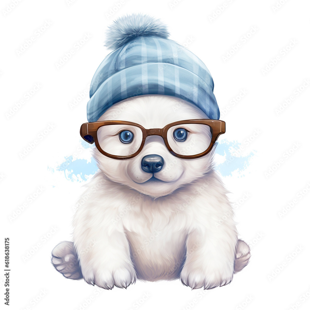Portrait of baby polar bear cub in a hat and with glasses on a white background. Hipster illustration, animal print
