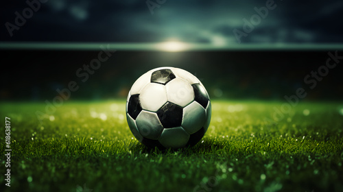 Soccer ball on green football field of stadium, soccer ball on the grass, soccer ball on grass