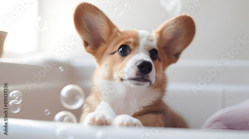 Portrait corgi puppy in bathtub with foam and soap bubbles. Dog spa and grooming service concept. Generative AI