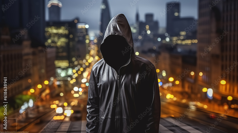 Thief in black clothes on city background - No face - Gangster - Thug life Thief in black clothes on city background - No face - Gangster - Thug life
